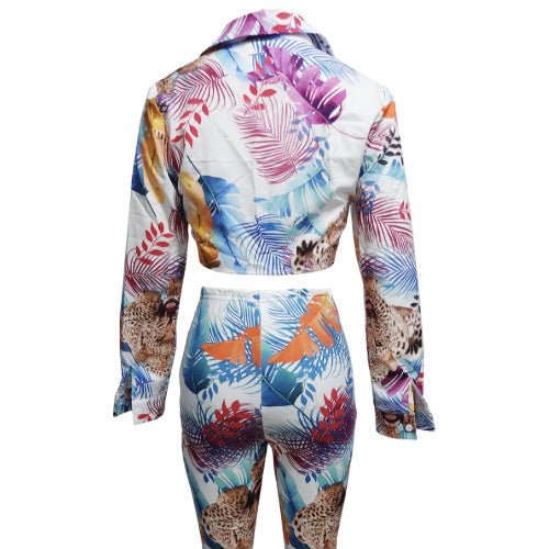 Women's Plant Animal Print Long Sleeved Lace Up Top And Slim Fit Pants Two - piece Pants Set - PratSN