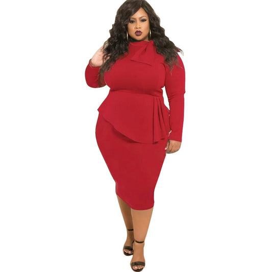 Women's Plus Size Bow Long Sleeve Dress - PratSN