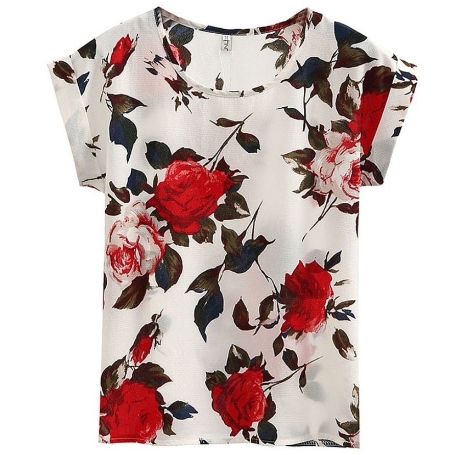 Women's Plus Size Printed Short - sleeved Chiffon Shirt T-shirt Top - PratSN