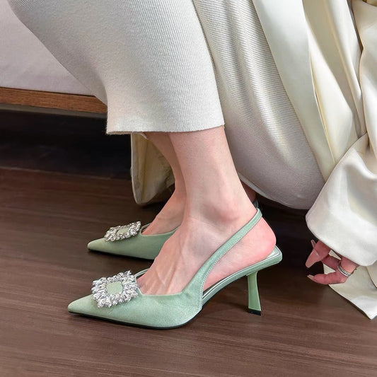 Women's Pointed - toe Square Buckle Rhinestone High - heeled Sandals - PratSN