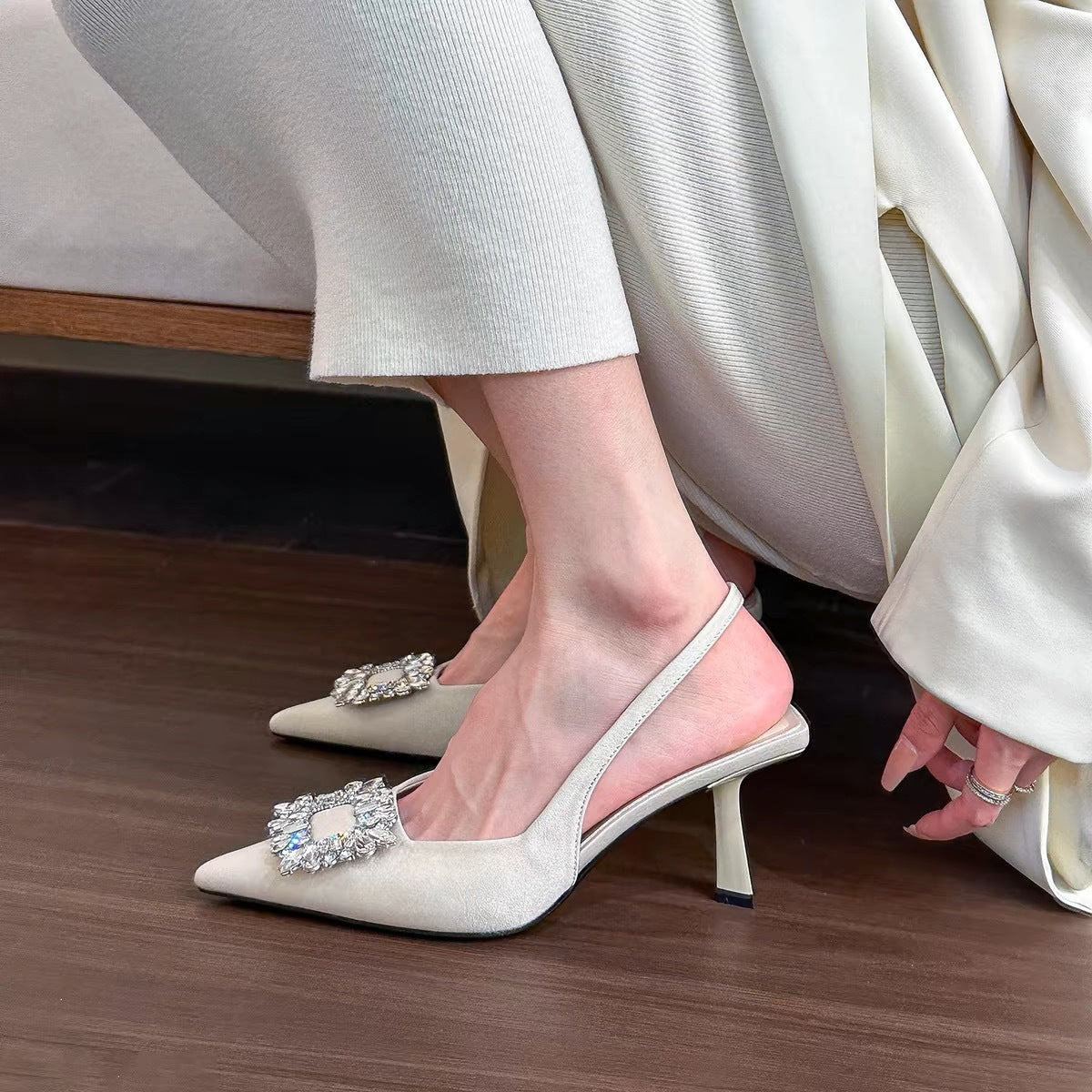 Women's Pointed - toe Square Buckle Rhinestone High - heeled Sandals - PratSN