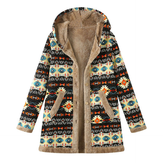 Women's Printed Hooded Warm Plush Long Sleeve Coat - PratSN