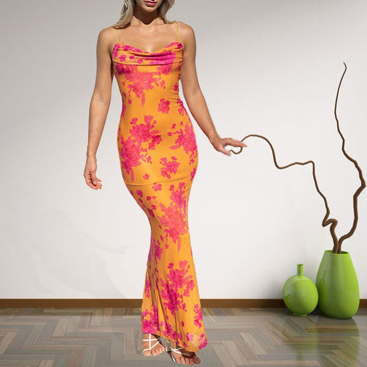 Women's Printed Lace Up Waist Sheath Long Sling Dress - PratSN