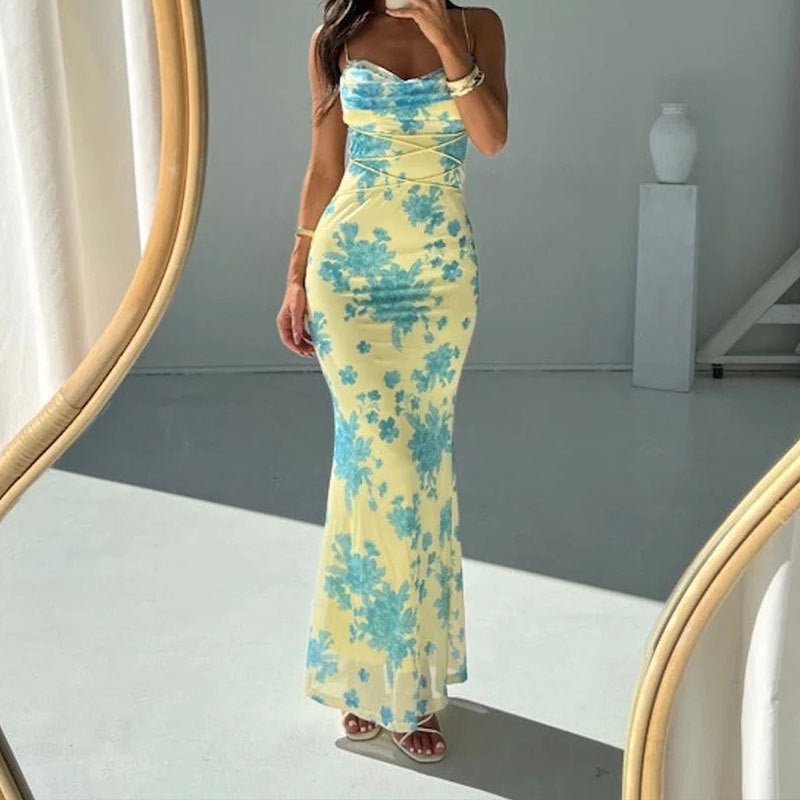 Women's Printed Lace Up Waist Sheath Long Sling Dress - PratSN
