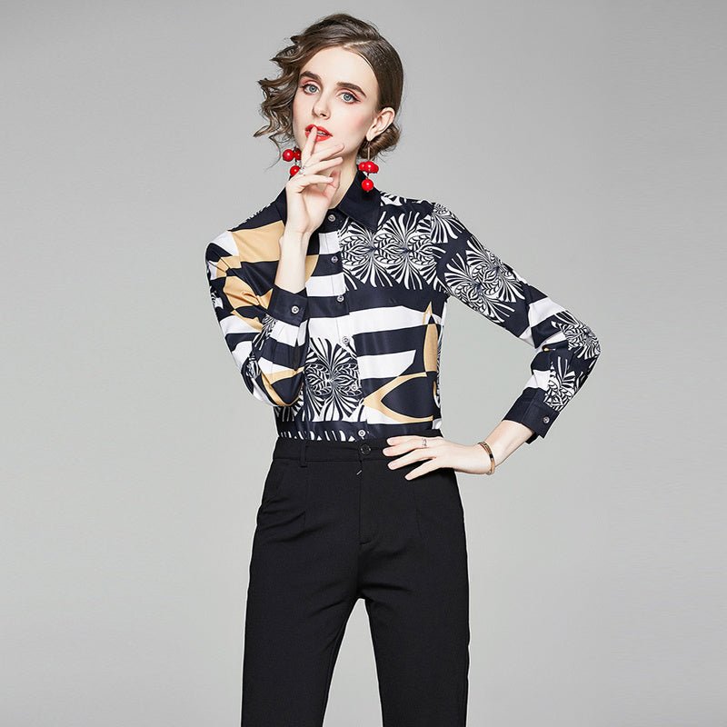 Women's Printed Slim Long - sleeved Versatile Lapel Shirt - PratSN