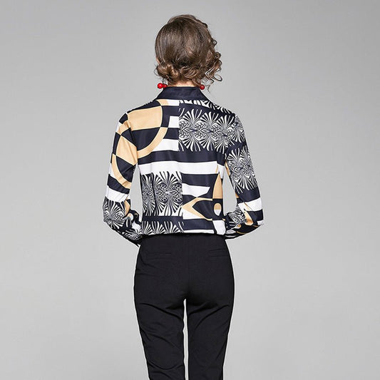 Women's Printed Slim Long - sleeved Versatile Lapel Shirt - PratSN