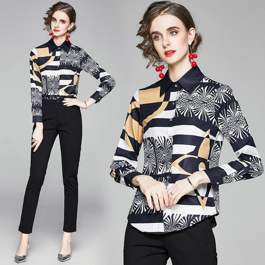 Women's Printed Slim Long - sleeved Versatile Lapel Shirt - PratSN