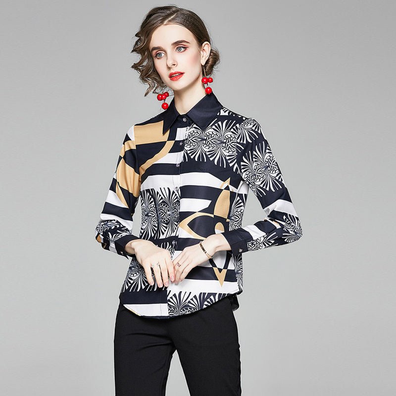 Women's Printed Slim Long - sleeved Versatile Lapel Shirt - PratSN