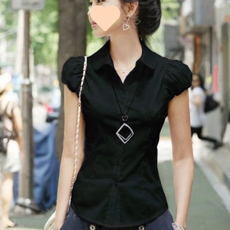 Women's Puff Sleeve Short Sleeve White Professional Slim Fit Shirt - PratSN