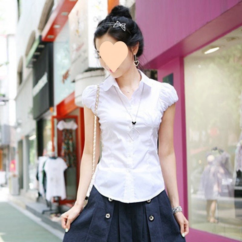 Women's Puff Sleeve Short Sleeve White Professional Slim Fit Shirt - PratSN