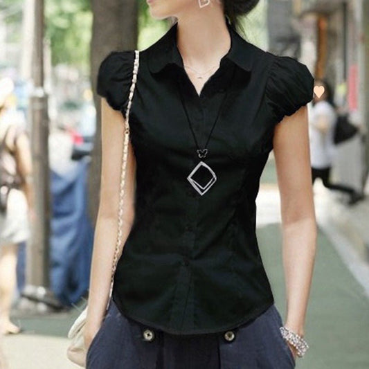 Women's Puff Sleeve Short Sleeve White Professional Slim Fit Shirt - PratSN