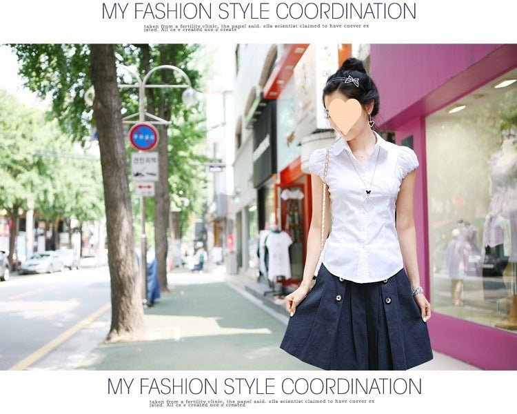 Women's Puff Sleeve Short Sleeve White Professional Slim Fit Shirt - PratSN
