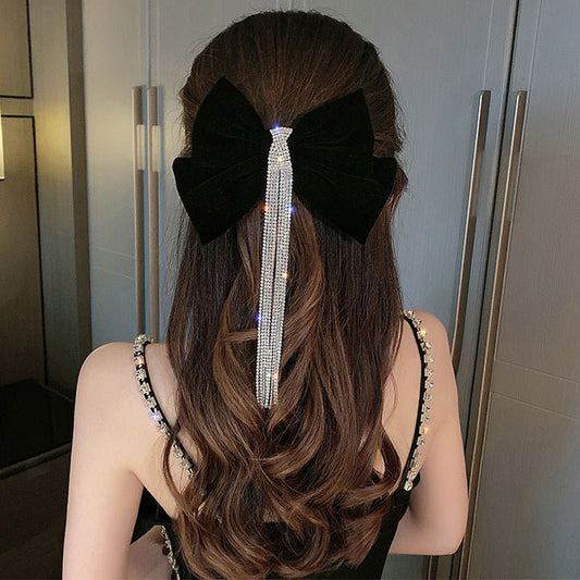 Women's Red Bow Encrusted Tassel Hairpin Back Head Spring Top Clip - PratSN