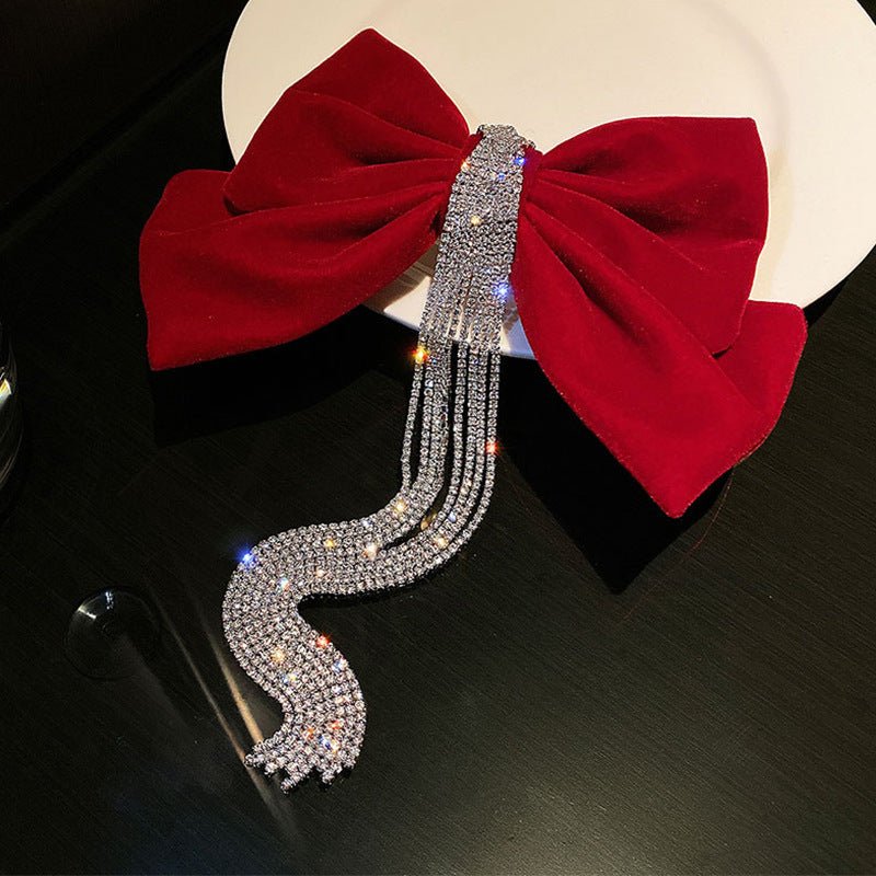 Women's Red Bow Encrusted Tassel Hairpin Back Head Spring Top Clip - PratSN