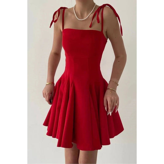 Women's Red Princess Cut Dress Casual Style Thin Straps Front Pleat Detail Above Knee Length XS Size Natural ODM Nonwoven Dates - PratSN