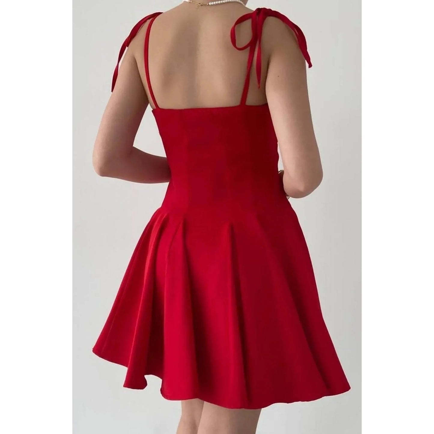 Women's Red Princess Cut Dress Casual Style Thin Straps Front Pleat Detail Above Knee Length XS Size Natural ODM Nonwoven Dates - PratSN