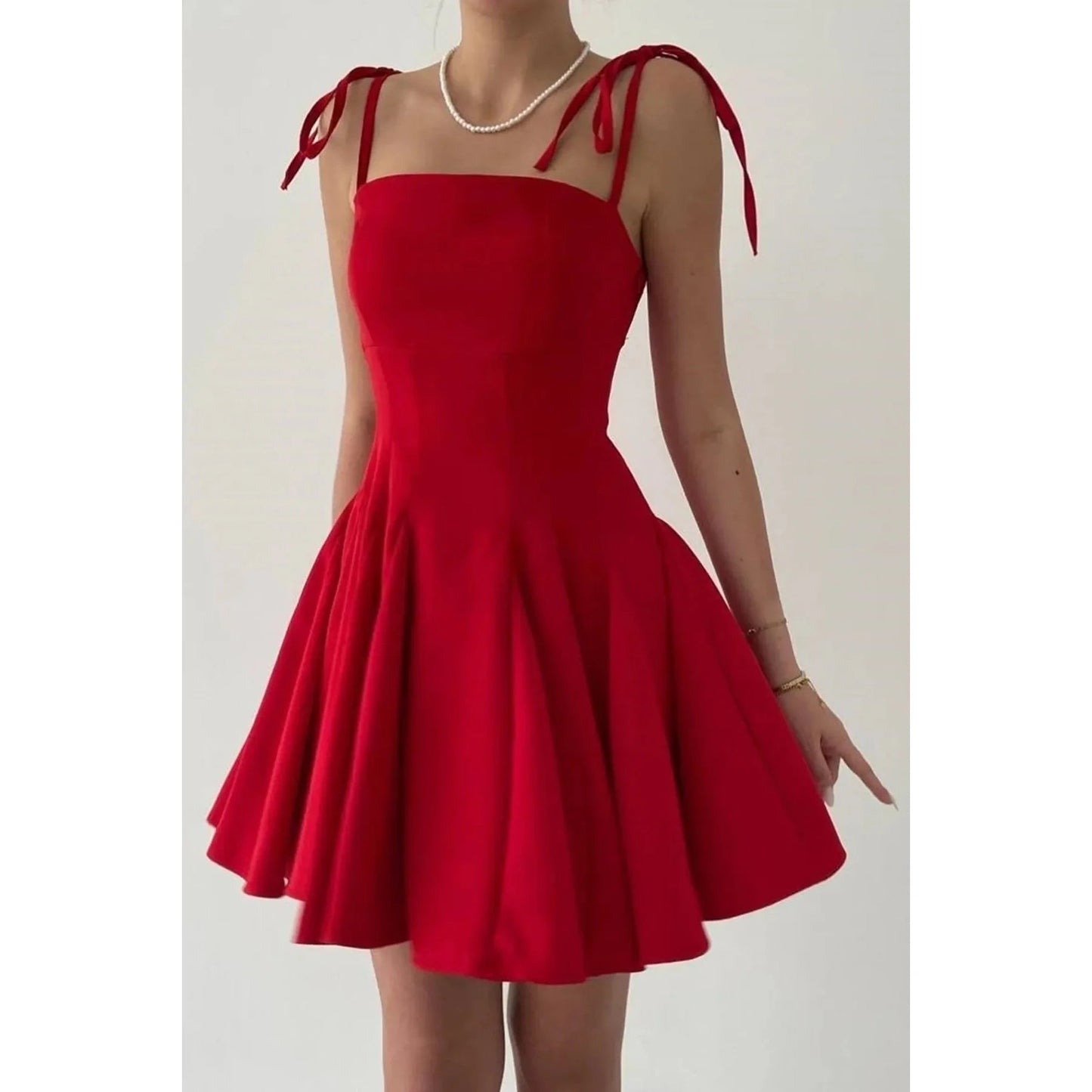 Women's Red Princess Cut Dress Casual Style Thin Straps Front Pleat Detail Above Knee Length XS Size Natural ODM Nonwoven Dates - PratSN