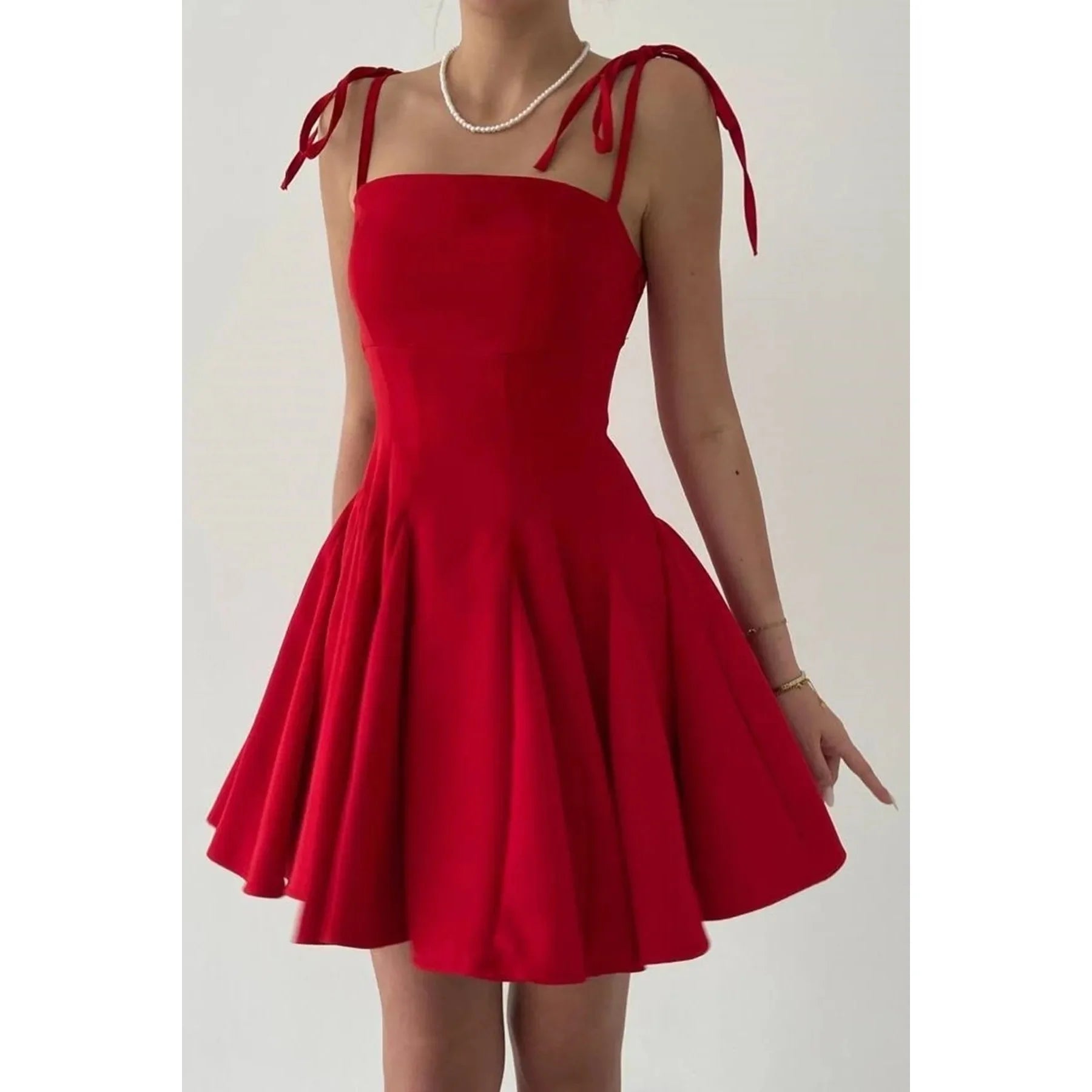 Women's Red Princess Cut Dress Casual Style Thin Straps Front Pleat Detail Above Knee Length XS Size Natural ODM Nonwoven Dates - PratSN