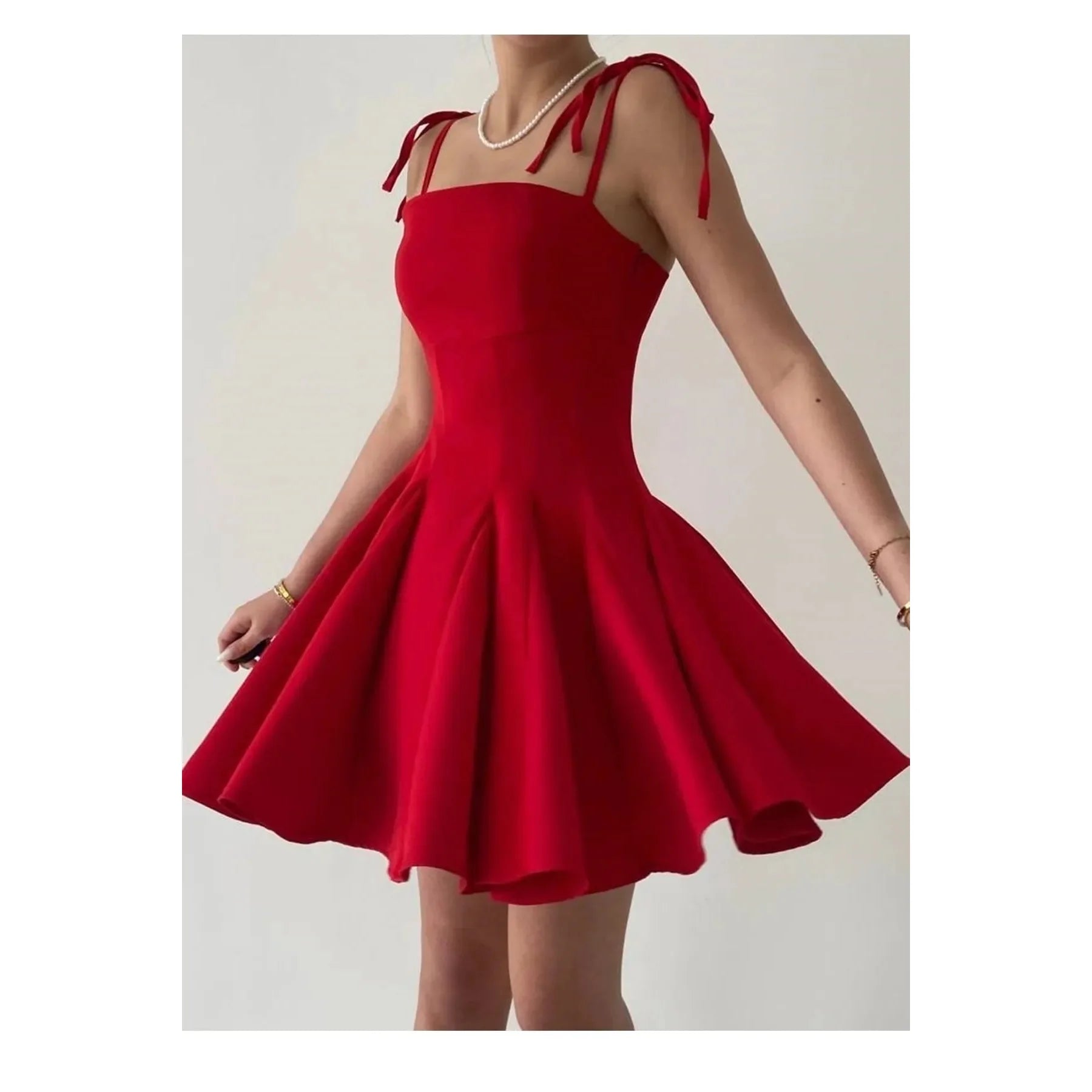 Women's Red Princess Cut Dress Casual Style Thin Straps Front Pleat Detail Above Knee Length XS Size Natural ODM Nonwoven Dates - PratSN