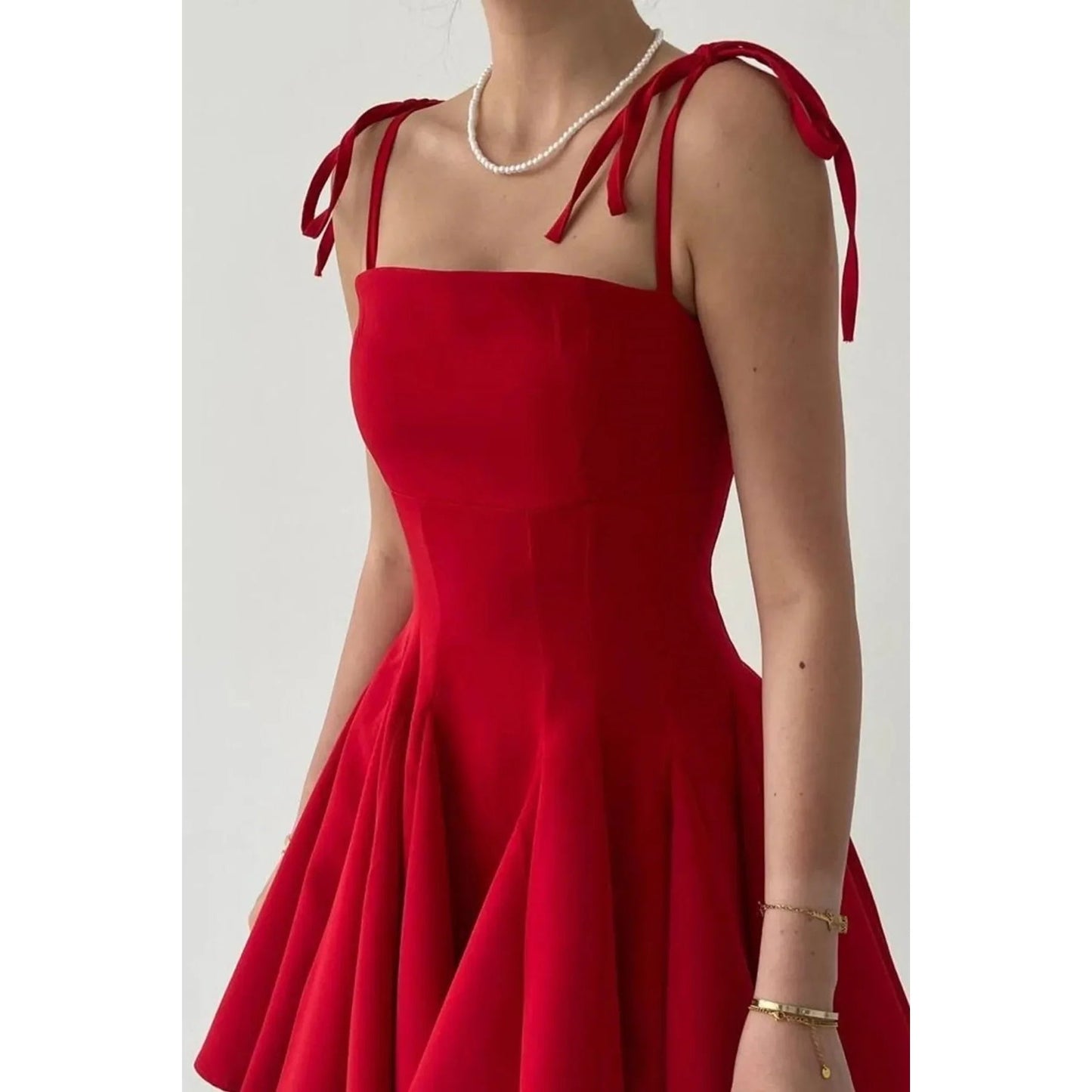 Women's Red Princess Cut Dress Casual Style Thin Straps Front Pleat Detail Above Knee Length XS Size Natural ODM Nonwoven Dates - PratSN