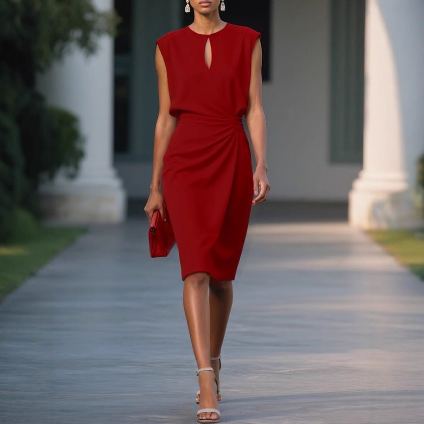 Women's Retro Elegant Solid Color Cross Front Knotted Round Neck Hollow Out Dress - Lightweight Summer Casual A - Line Midi Dress Party Dresses - PratSN