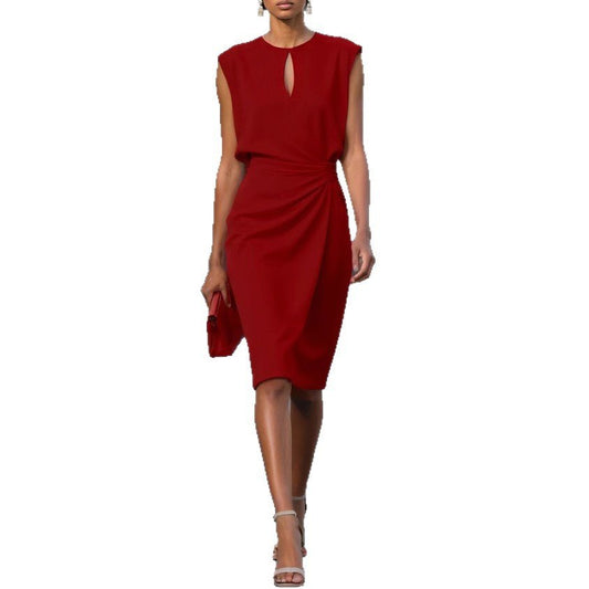 Women's Retro Elegant Solid Color Cross Front Knotted Round Neck Hollow Out Dress - Lightweight Summer Casual A - Line Midi Dress Party Dresses - PratSN