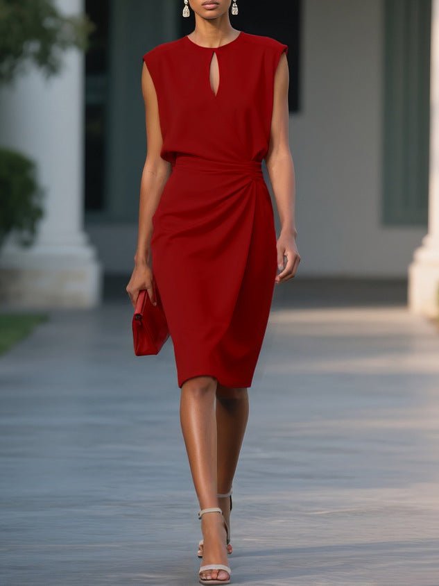 Women's Retro Elegant Solid Color Cross Front Knotted Round Neck Hollow Out Dress - Lightweight Summer Casual A - Line Midi Dress Party Dresses - PratSN
