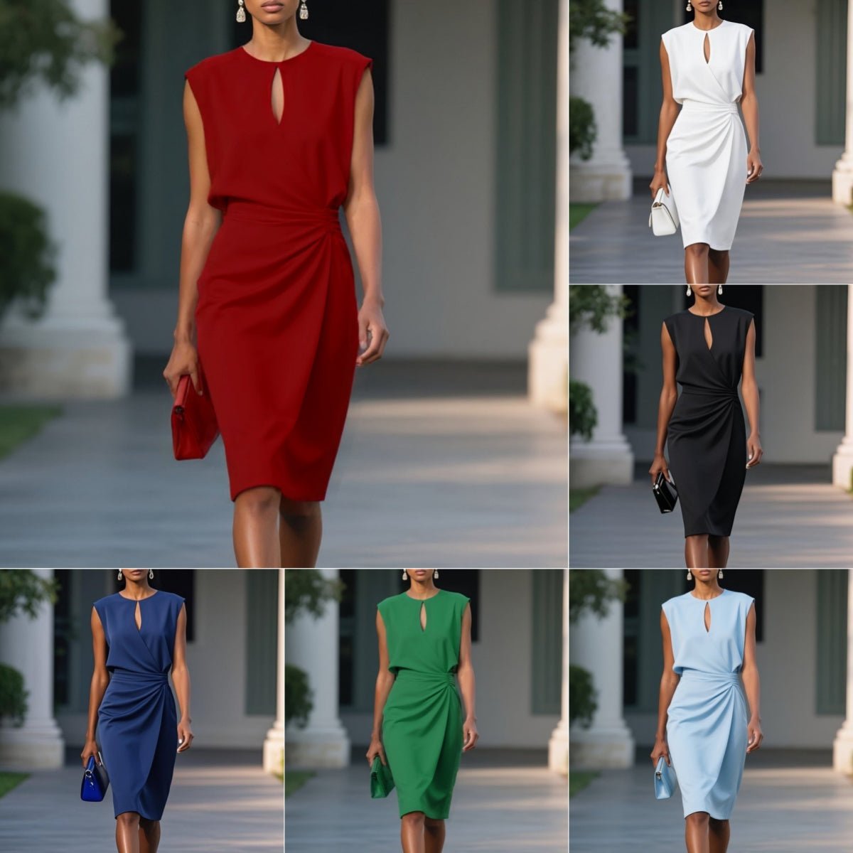 Women's Retro Elegant Solid Color Cross Front Knotted Round Neck Hollow Out Dress - Lightweight Summer Casual A - Line Midi Dress Party Dresses - PratSN