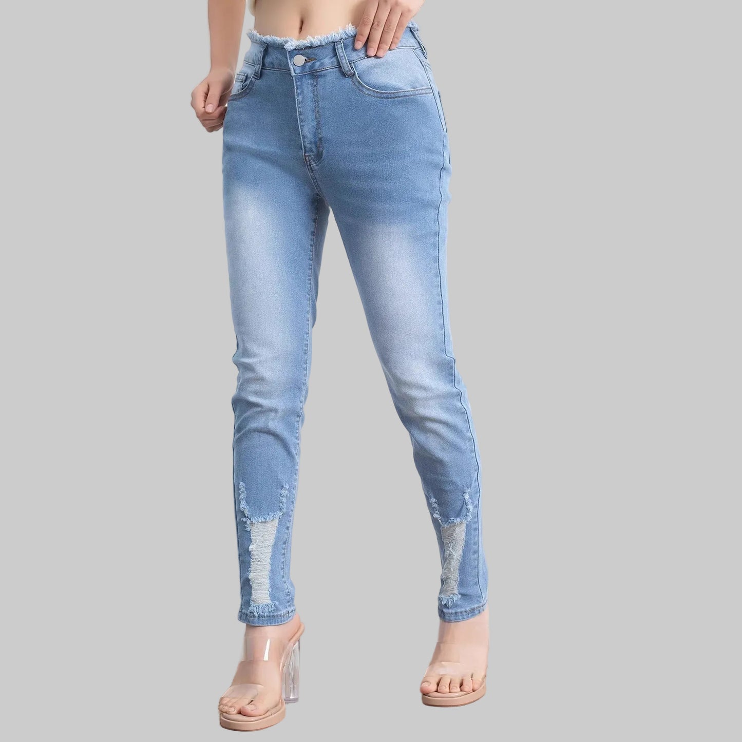 Women's Retro Frayed - edge Ripped Stretch Jeans - PratSN