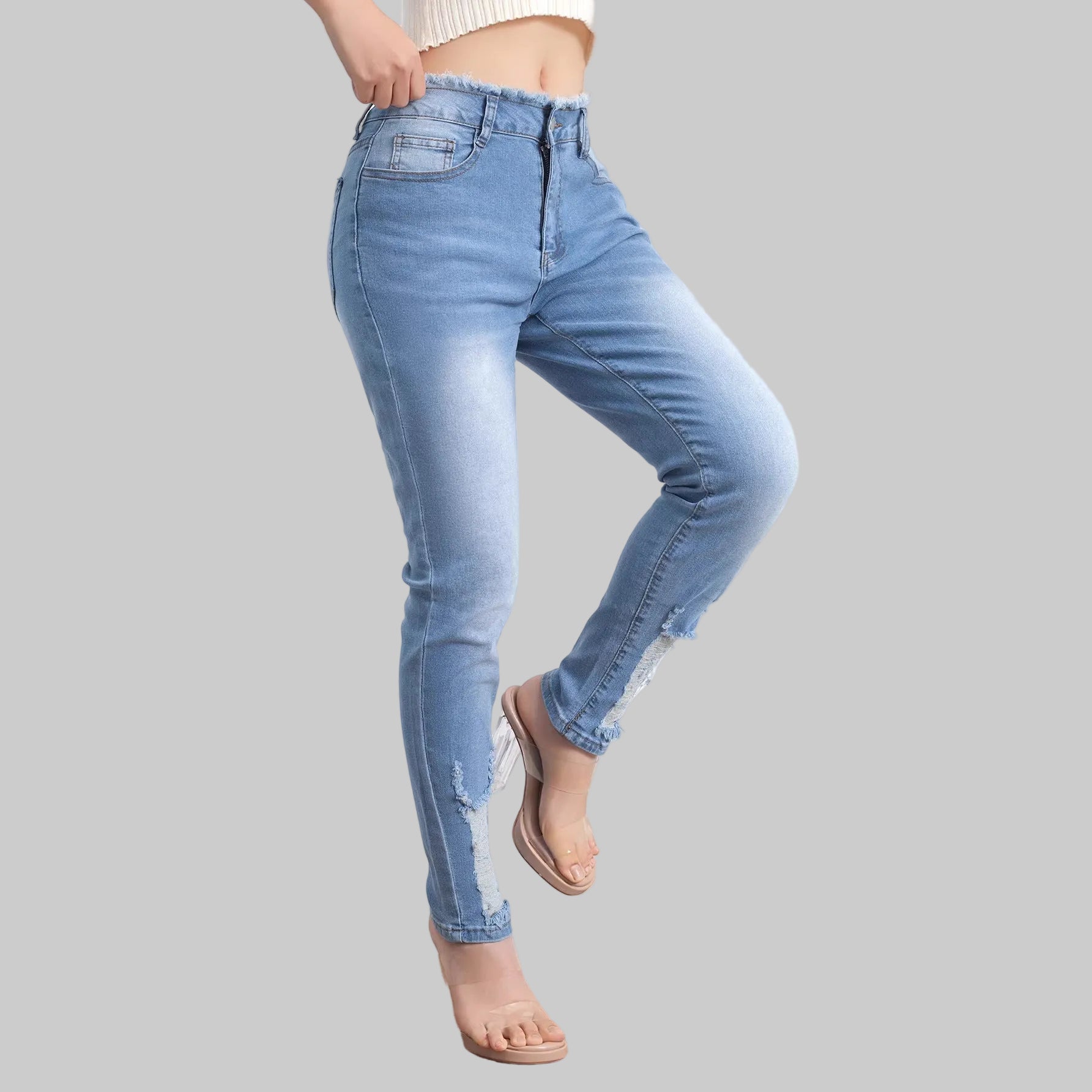 Women's Retro Frayed - edge Ripped Stretch Jeans - PratSN