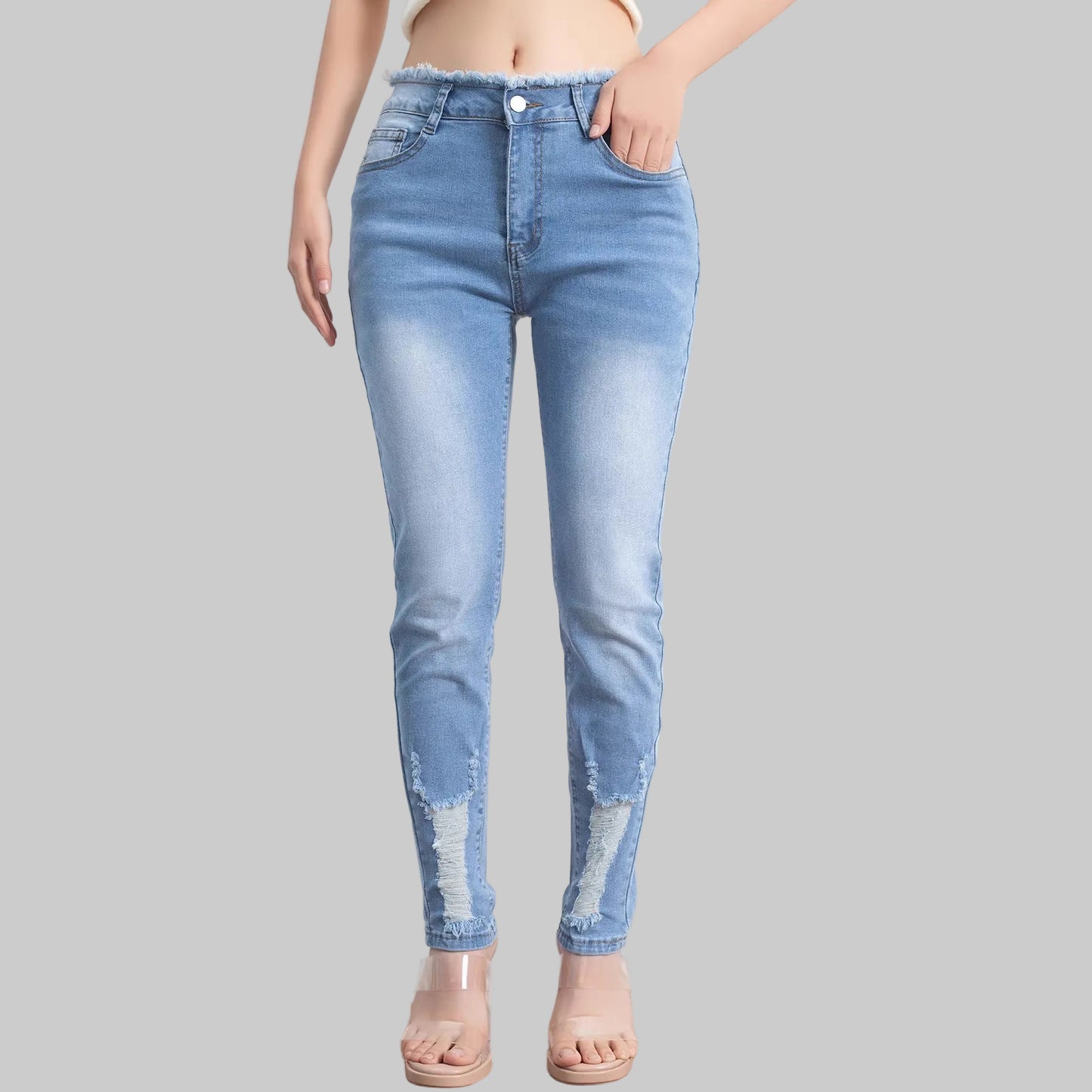 Women's Retro Frayed - edge Ripped Stretch Jeans - PratSN