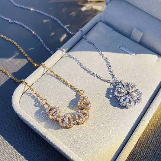 Women's Retro Magnetic Folding Heart Shaped Four Leaf Clover Pendant Necklace - PratSN