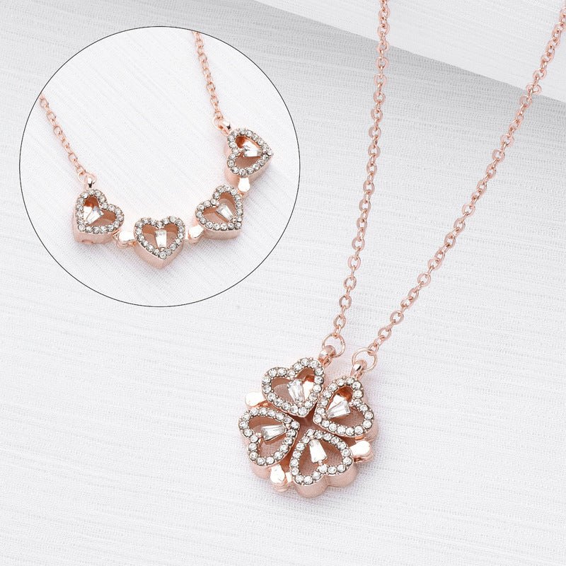 Women's Retro Magnetic Folding Heart Shaped Four Leaf Clover Pendant Necklace - PratSN