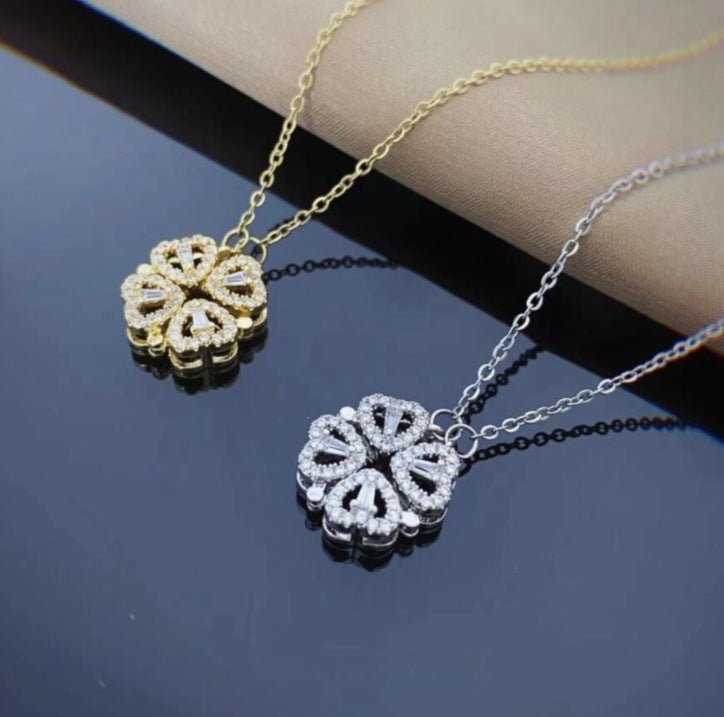Women's Retro Magnetic Folding Heart Shaped Four Leaf Clover Pendant Necklace - PratSN