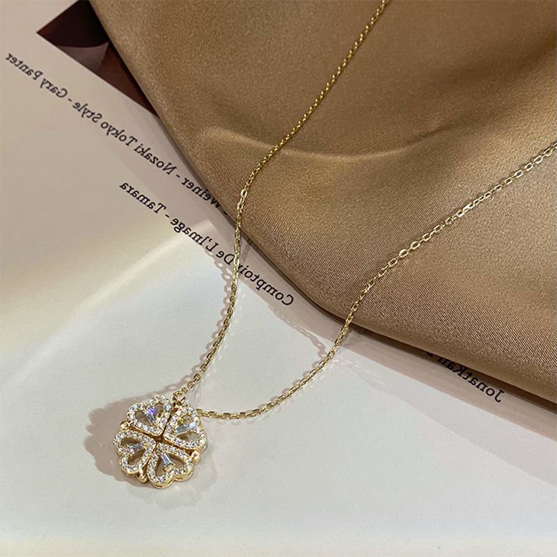 Women's Retro Magnetic Folding Heart Shaped Four Leaf Clover Pendant Necklace - PratSN