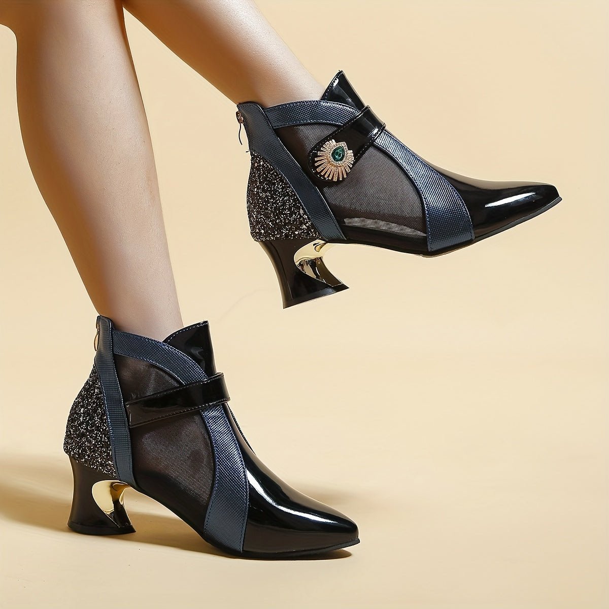 Women's Rhinestone Mesh Ankle Boots with Pointed Toe, Fashionable Short Boots - PratSN