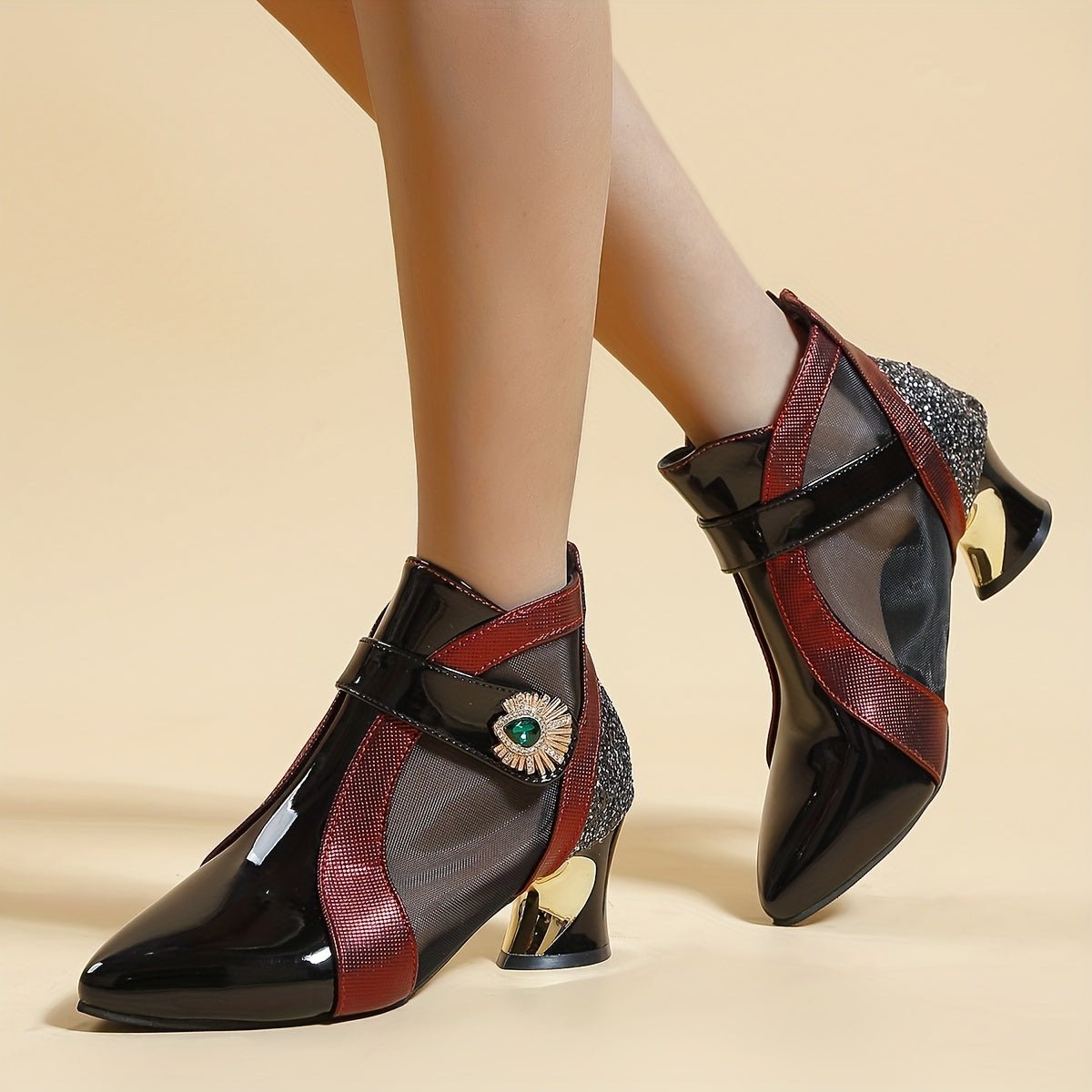 Women's Rhinestone Mesh Ankle Boots with Pointed Toe, Fashionable Short Boots - PratSN