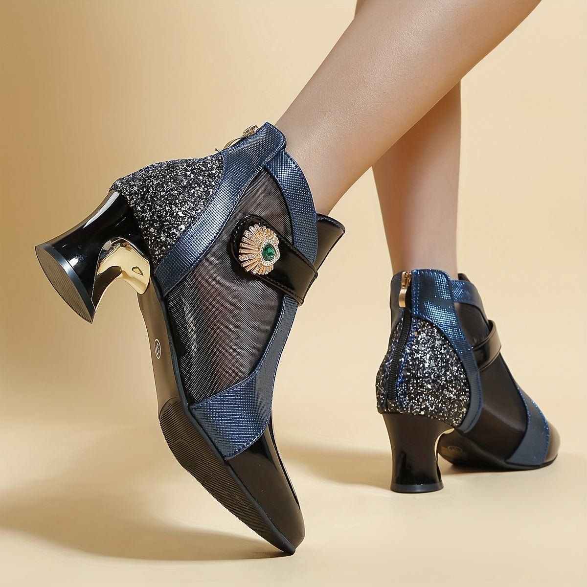 Women's Rhinestone Mesh Ankle Boots with Pointed Toe, Fashionable Short Boots - PratSN