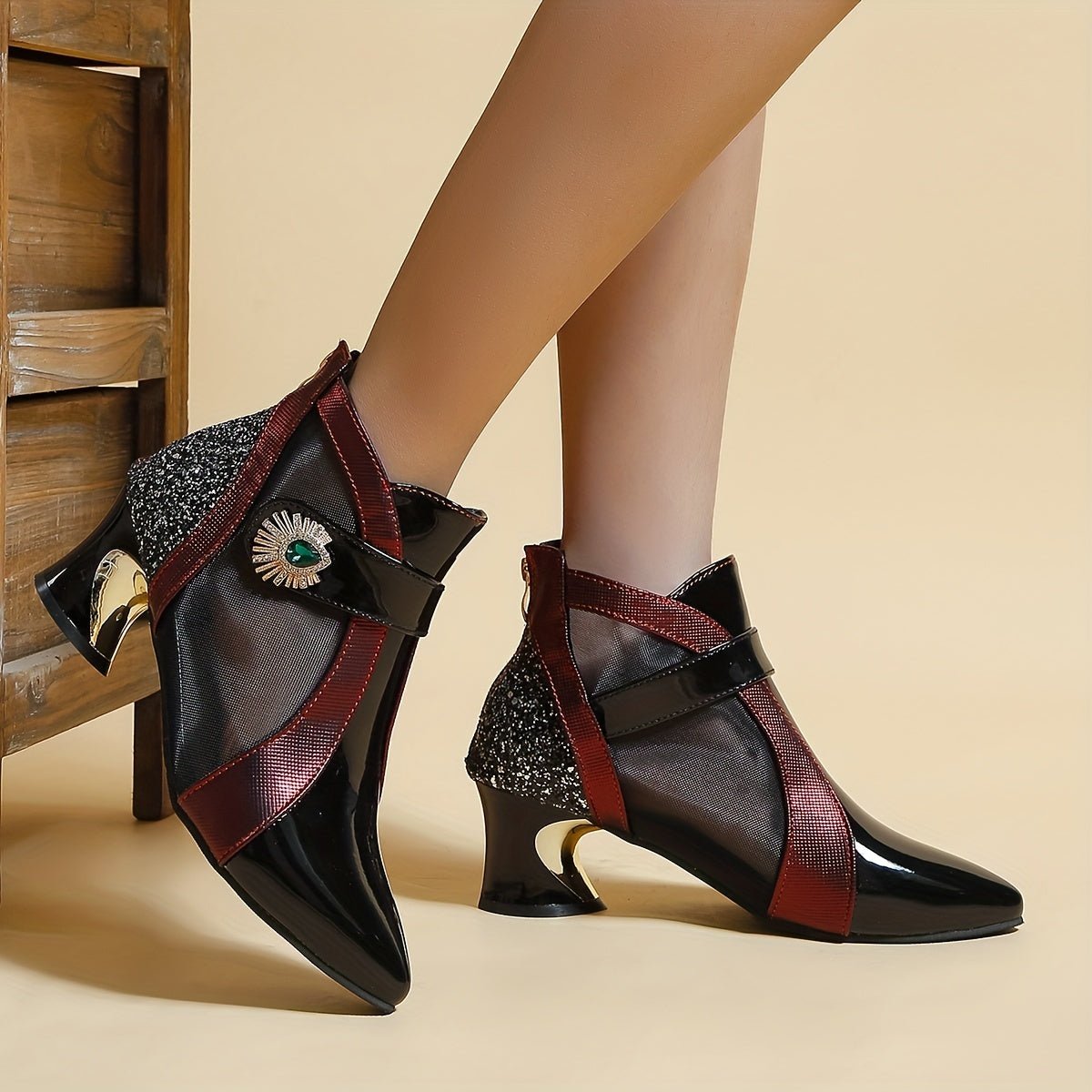 Women's Rhinestone Mesh Ankle Boots with Pointed Toe, Fashionable Short Boots - PratSN