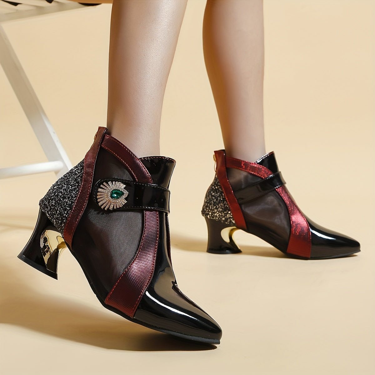 Women's Rhinestone Mesh Ankle Boots with Pointed Toe, Fashionable Short Boots - PratSN