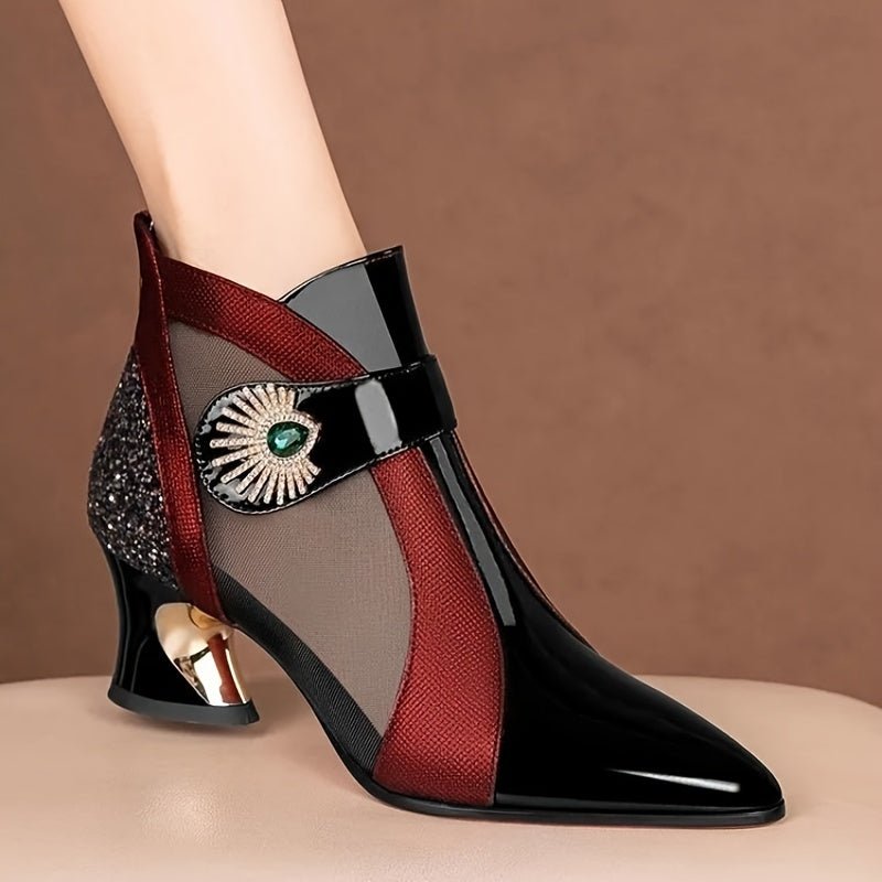 Women's Rhinestone Mesh Ankle Boots with Pointed Toe, Fashionable Short Boots - PratSN