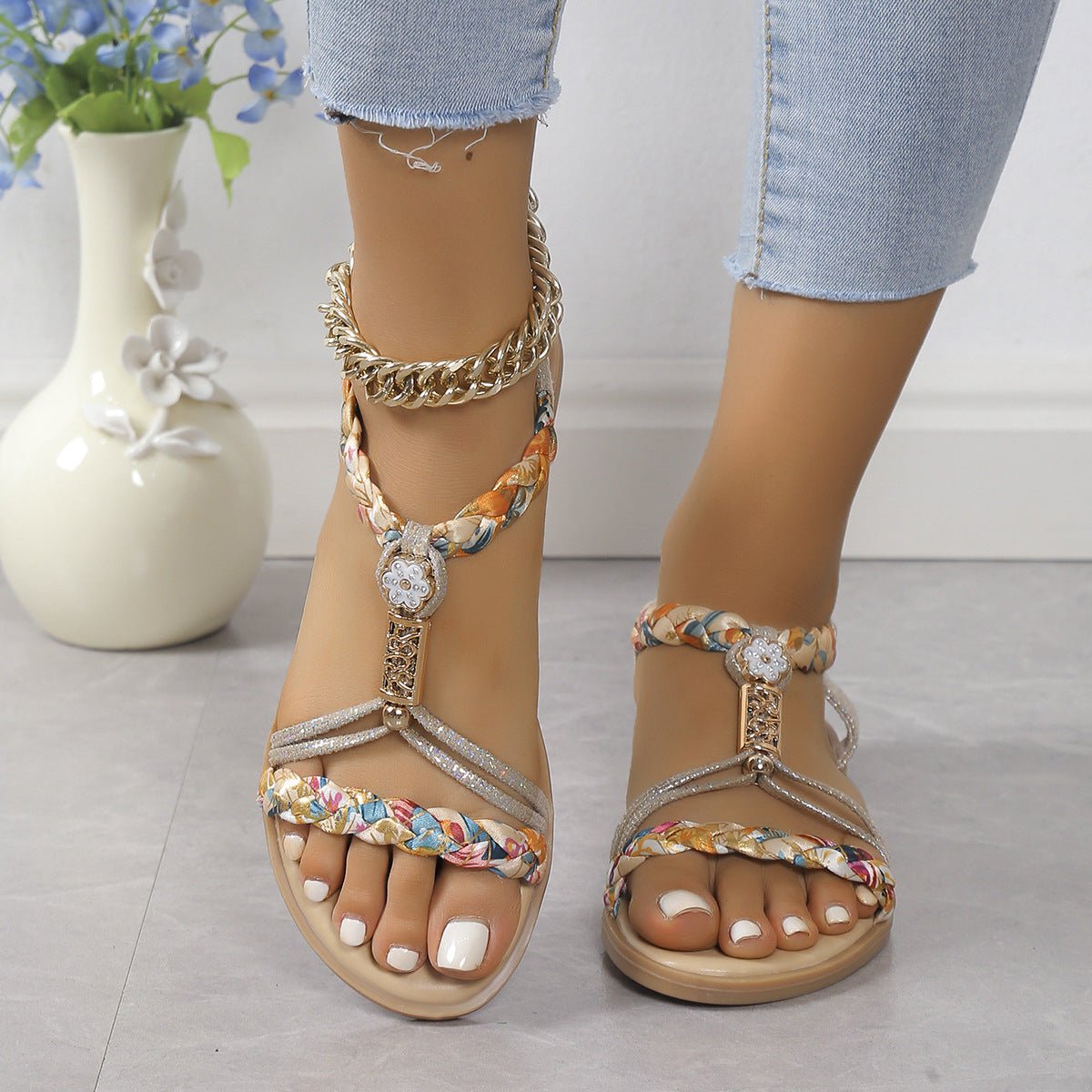 Women's Round Toe Woven Outdoor Flat Sandals - PratSN