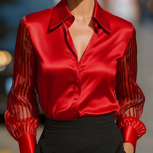 Women's Satin Blouse - Classic Lapel Collar, Sheer Long Sleeve, Button - Down Shirt With Smooth Flowy Design For Spring & Autumn Office Wear - PratSN