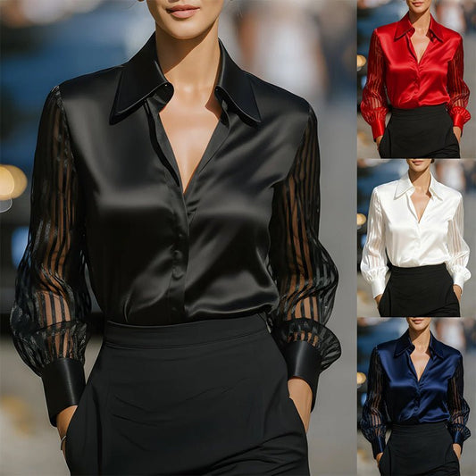 Women's Satin Blouse - Classic Lapel Collar, Sheer Long Sleeve, Button - Down Shirt With Smooth Flowy Design For Spring & Autumn Office Wear - PratSN