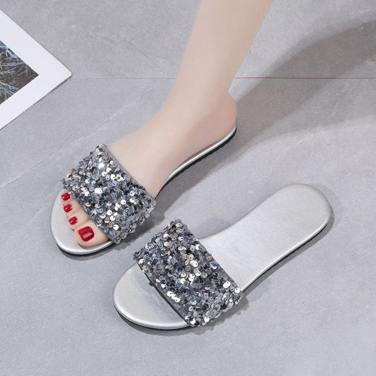 Women's Sequined Flat Slippers Plus Size Outer Wear Beach Sandals - PratSN