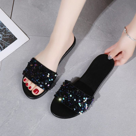 Women's Sequined Flat Slippers Plus Size Outer Wear Beach Sandals - PratSN