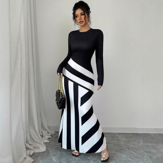 Women's Sexy Asymmetric Neckline Irregular Stripes Dress - PratSN