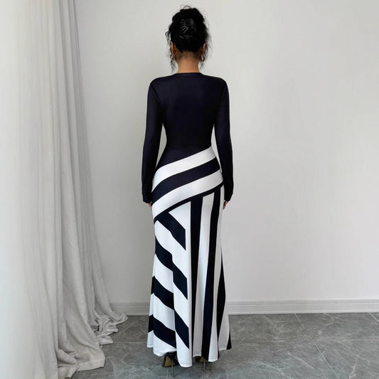 Women's Sexy Asymmetric Neckline Irregular Stripes Dress - PratSN