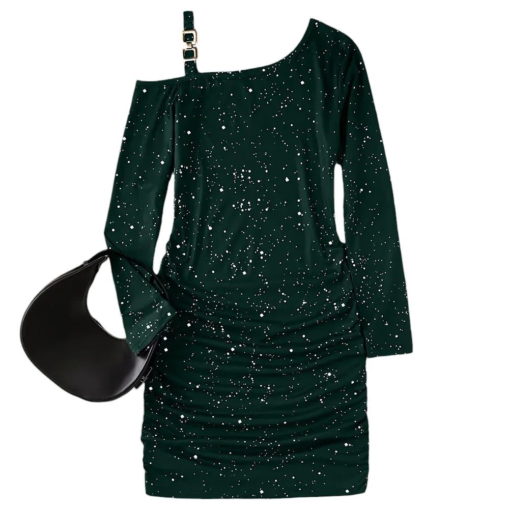 Women's Sexy Diagonol Collar Chain Long Sleeve Bodycon Mini Dress Autumn Ladies Slim Fit Party Cocktail Evening Pullover Dresses - PratSN