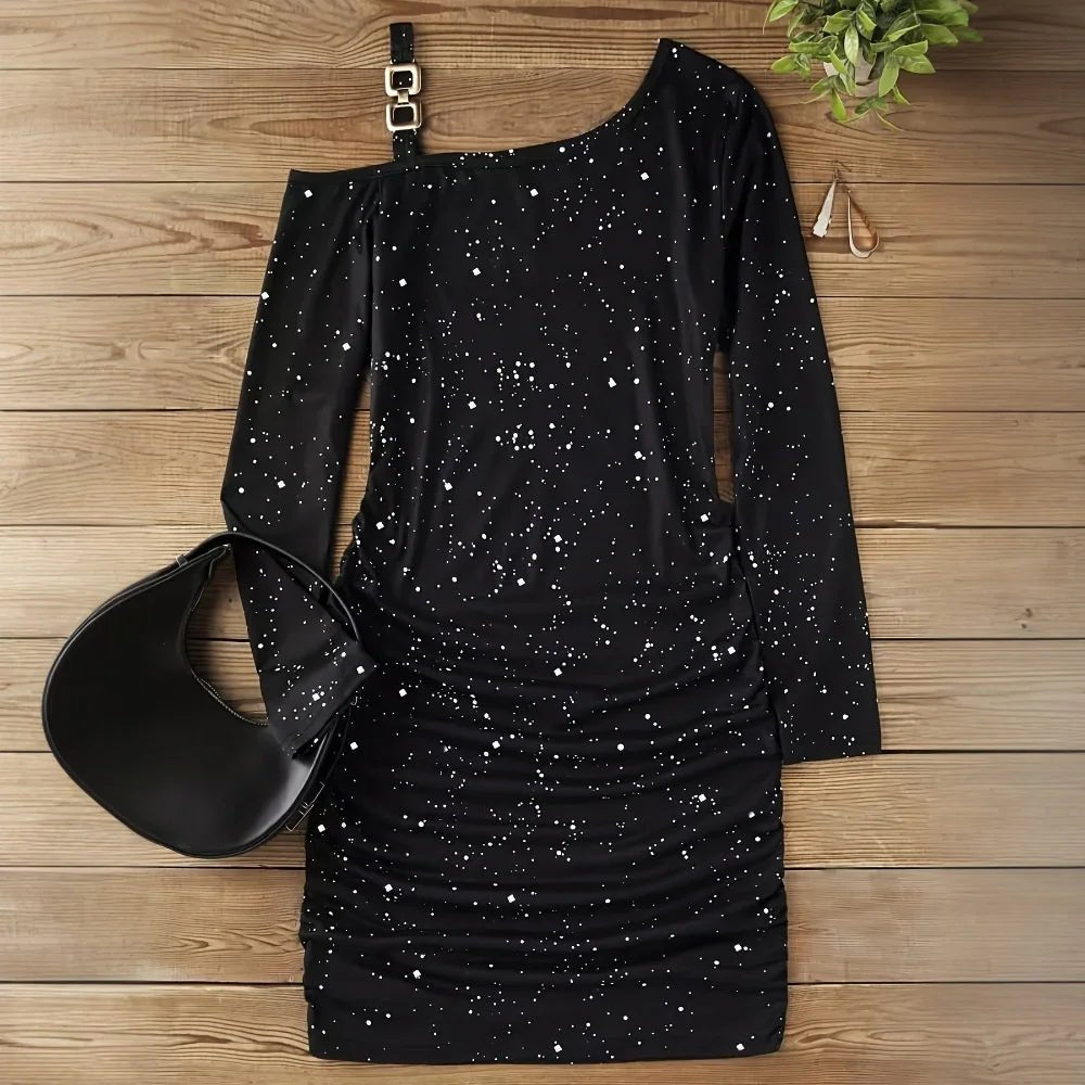 Women's Sexy Diagonol Collar Chain Long Sleeve Bodycon Mini Dress Autumn Ladies Slim Fit Party Cocktail Evening Pullover Dresses - PratSN